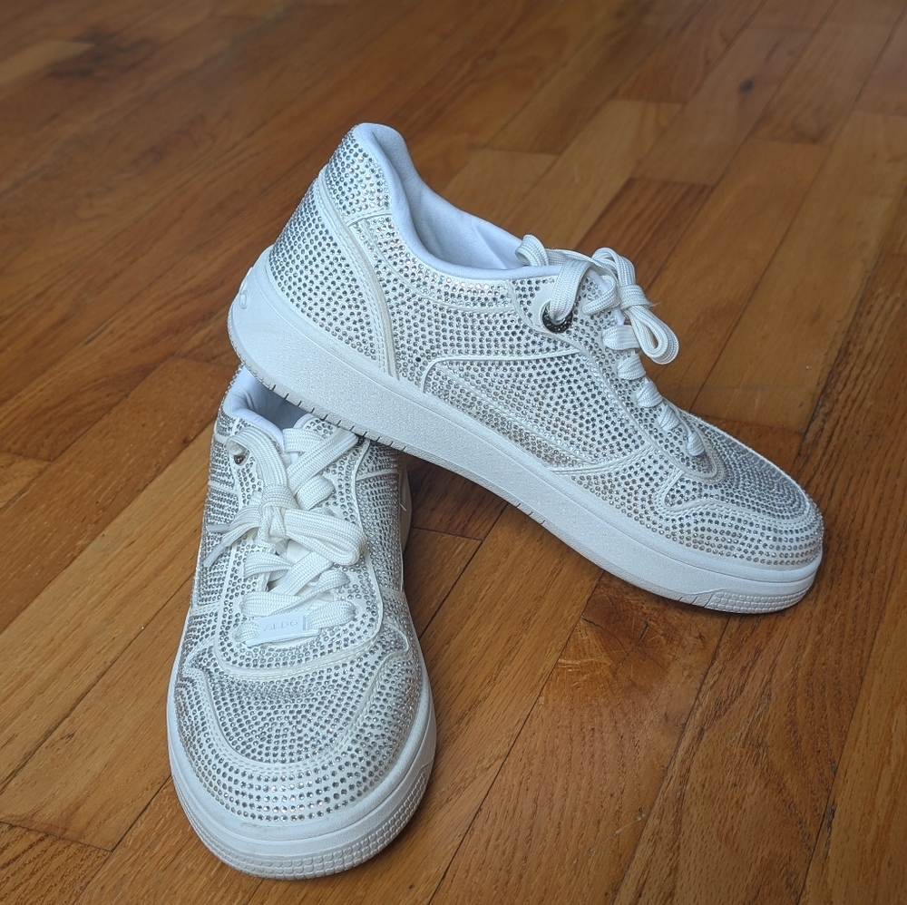 Aldo Rhinestone Sneakers - White And Silver
